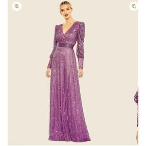 NWT Mac Duggal Sequin Wrap Over Bishop Sleeve Gown